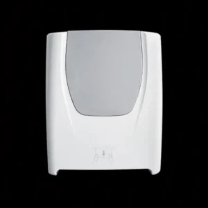 Purnext W660M auto cut hand towel dispenser in white with a grey front panel and the towel exit slot at the base