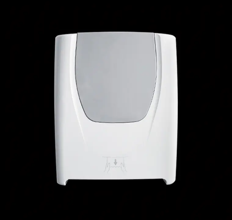Purnext W660M auto cut hand towel dispenser in white with a grey front panel and the towel exit slot at the base