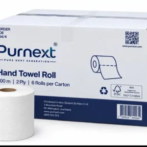 Purnext Hand Towel Roll carton, 6 rolls of 200 m 2-ply, with a single roll towel in front