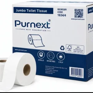 Purnext Jumbo Toilet Tissue carton, 8 rolls of 300 m 2-ply, with a single jumbo roll in front