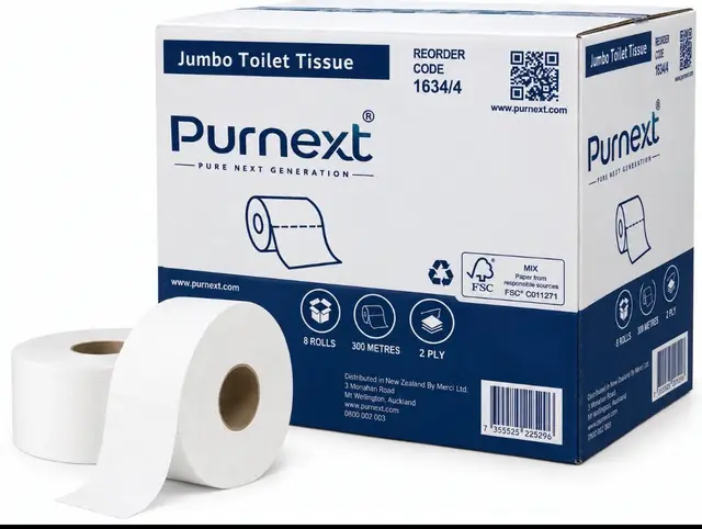 Purnext Jumbo Toilet Tissue carton, 8 rolls of 300 m 2-ply, with a single jumbo roll in front